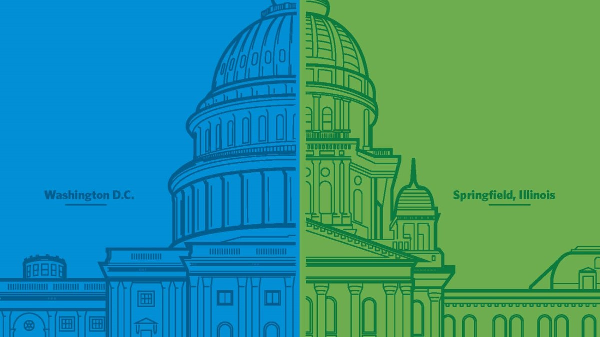 Split graphic of U.S. Capitol building and Springfield Capitol building