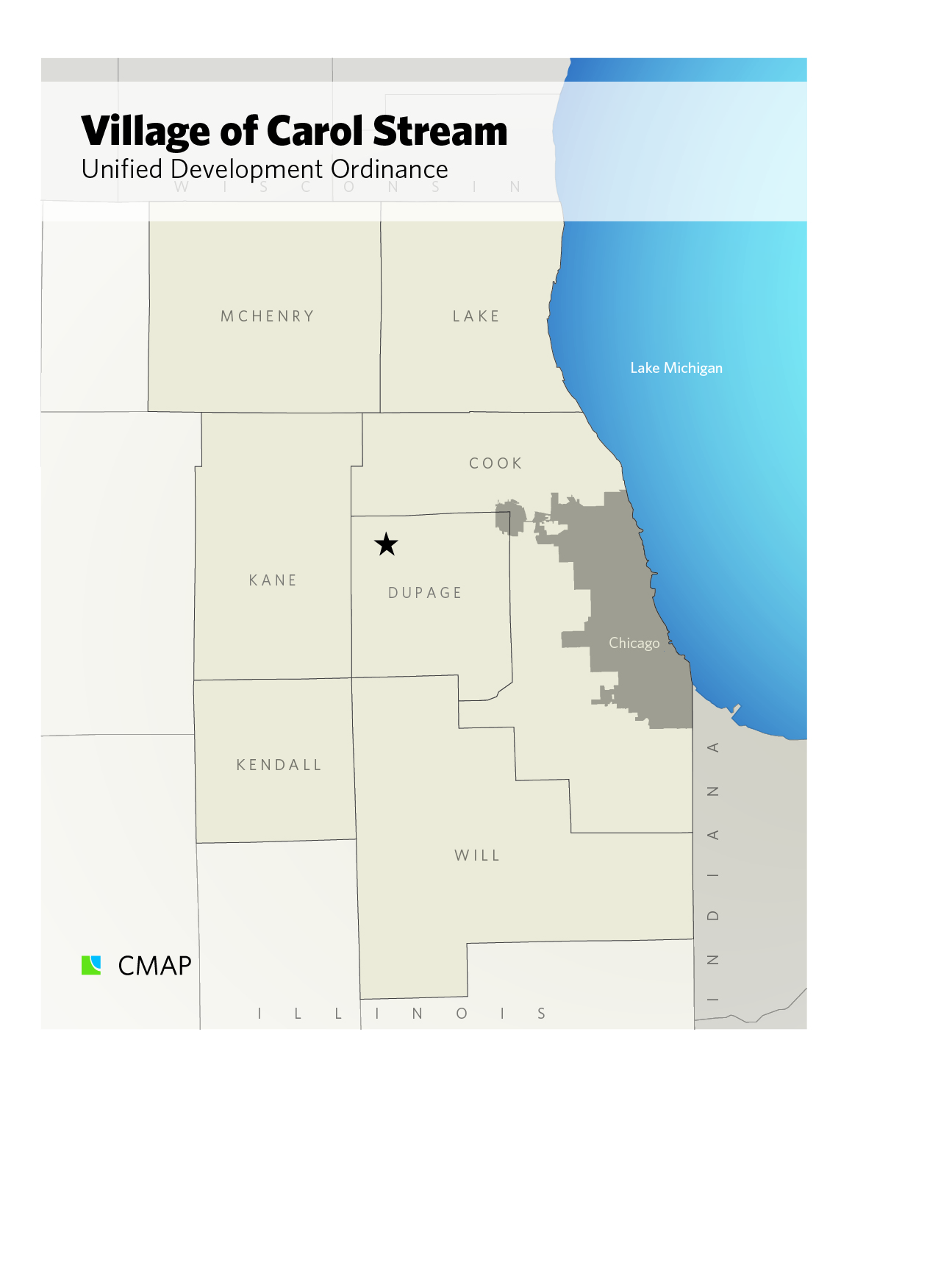 Map locating Carol Stream within the Chicago region.