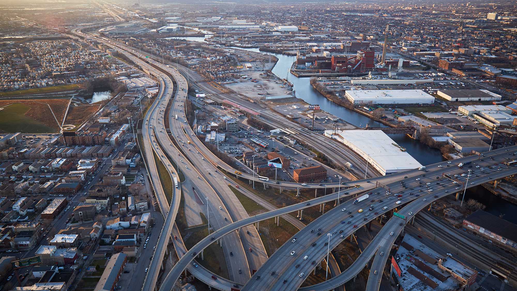 Aerial view of interchanges in Cook County