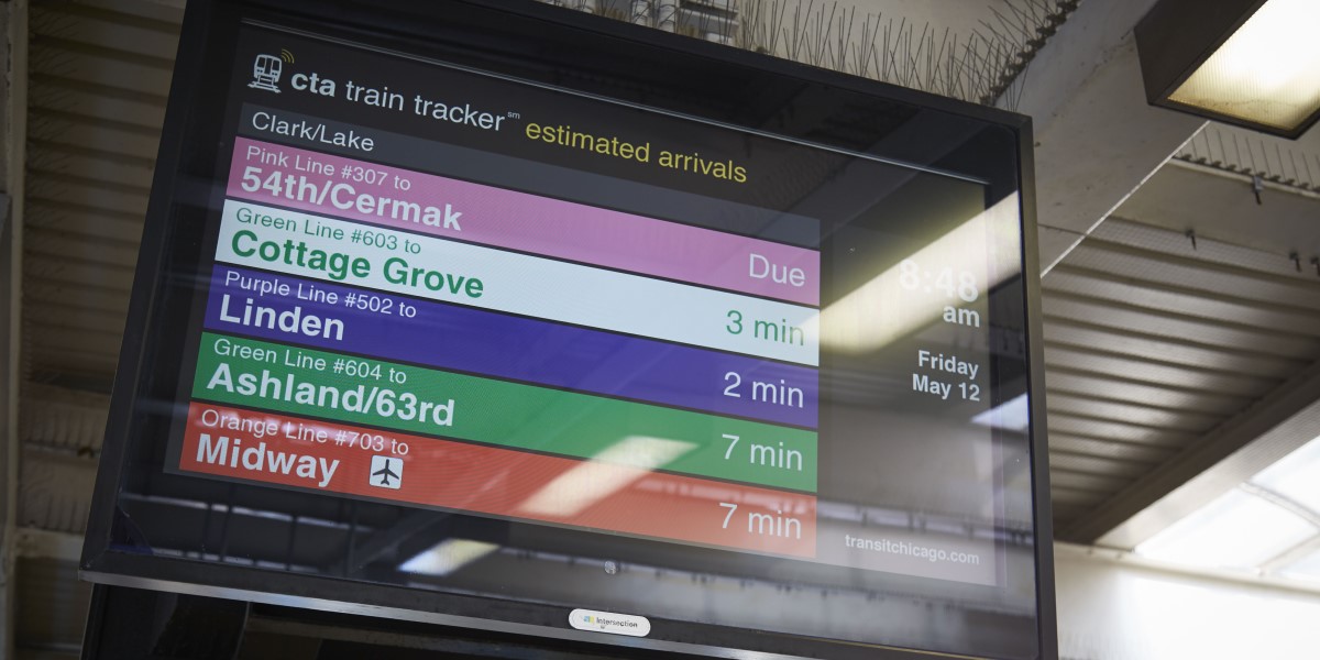 Screen showing CTA train arrival times