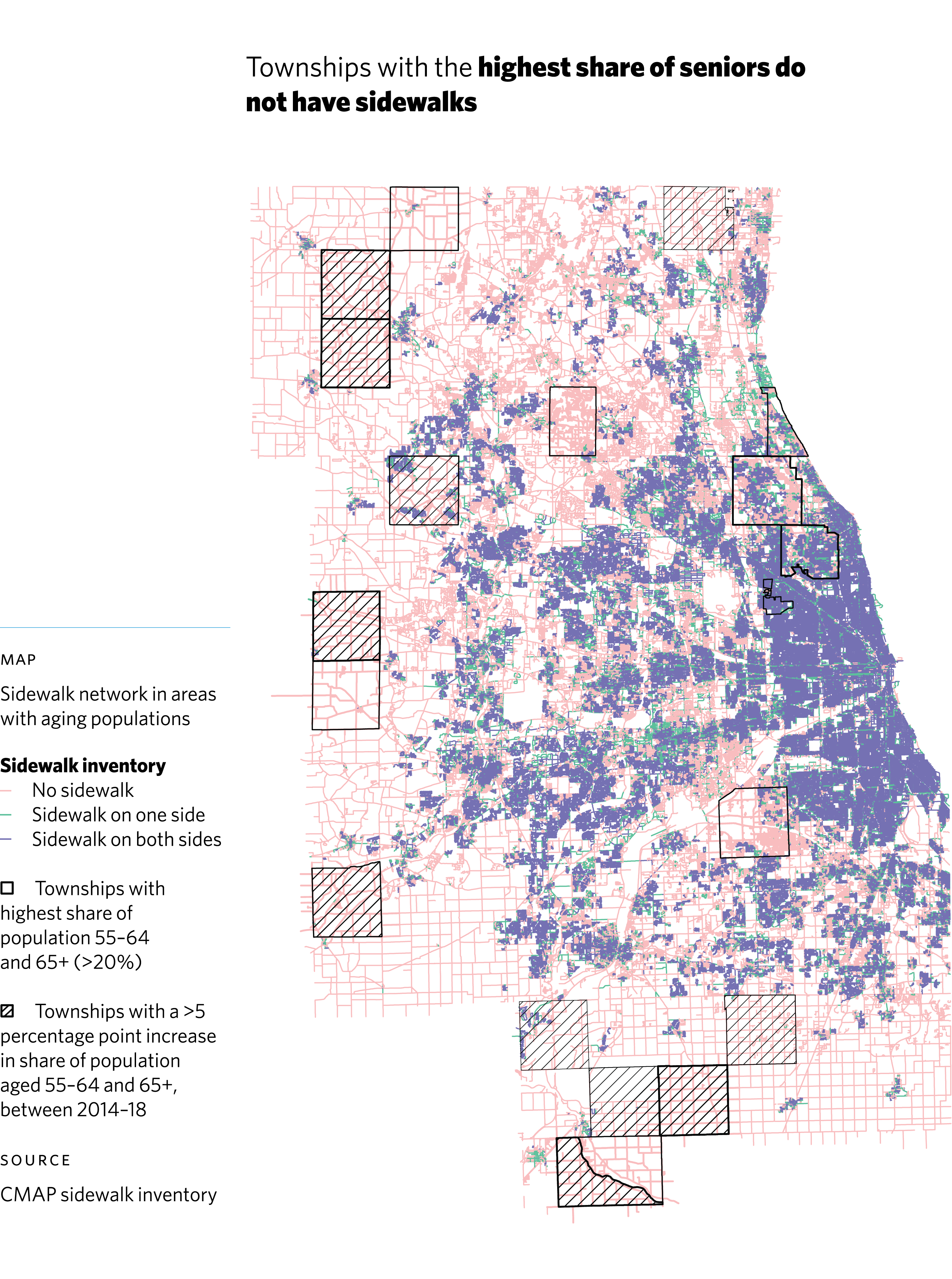 Map of sidewalk network in areas with aging populations