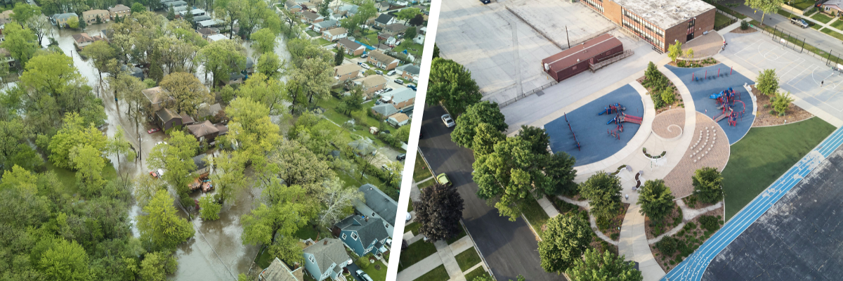 Collage of two aerial photos: the left photo shows a flooded suburban neighborhood and the right photo shows sustainable landscaping