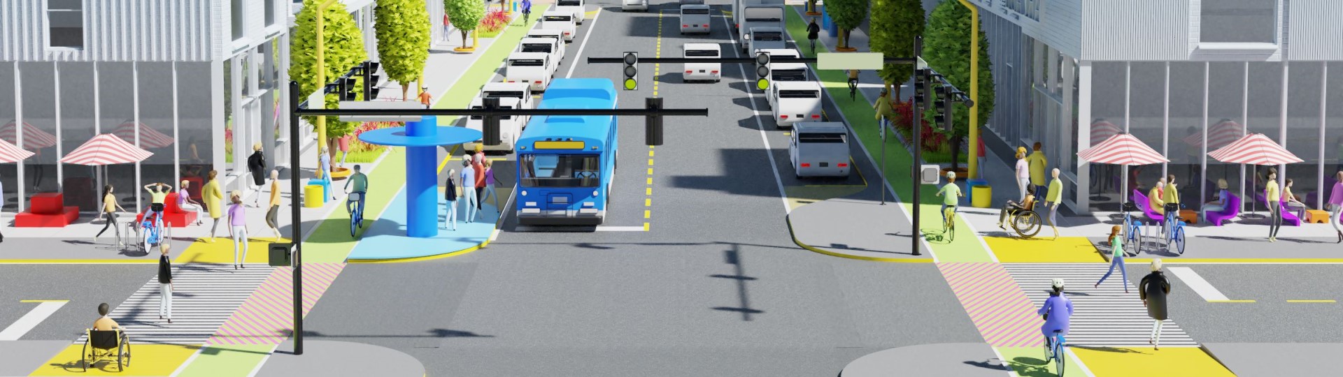 3D rendering of streetscape with bus and pedestrians