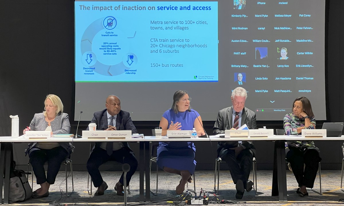 Erin Aleman speaking while at conference table. She in the middle between Jennifer "Sis" Killen, Omer Osman, Gerald Bennett, and Diane Williams. Behind them: Zoom screen showing infographic: "The impact of inaction on service and access."