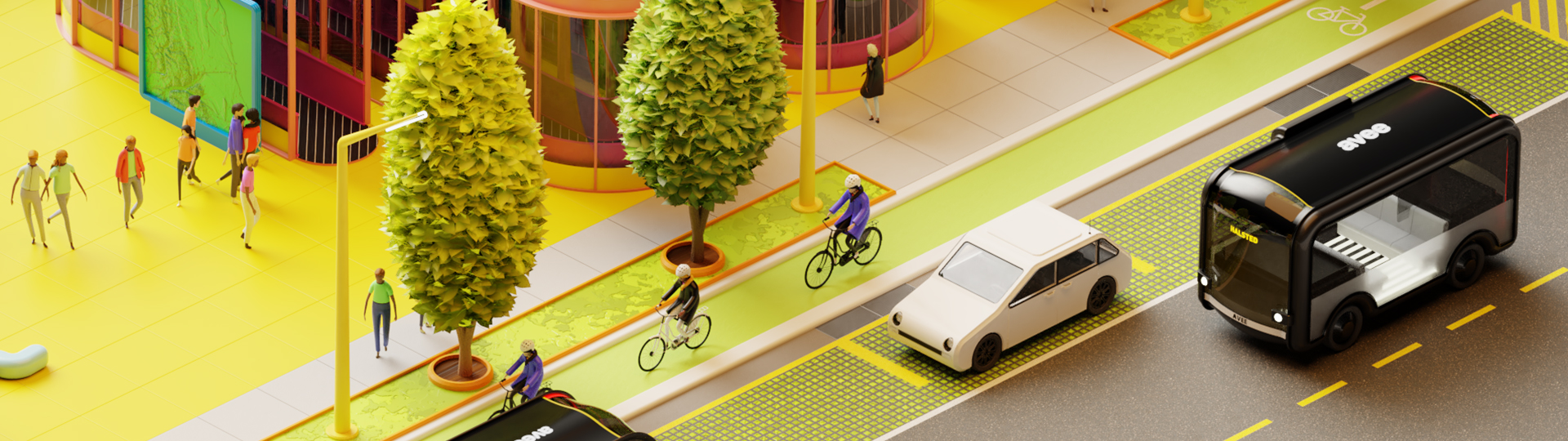 3D render of people on bicycles.