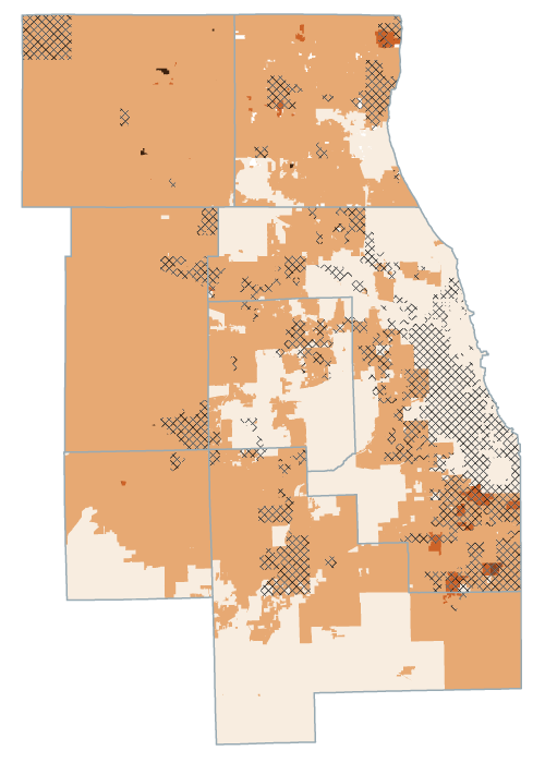 A map of effective composite property tax rates in the Chicago region.