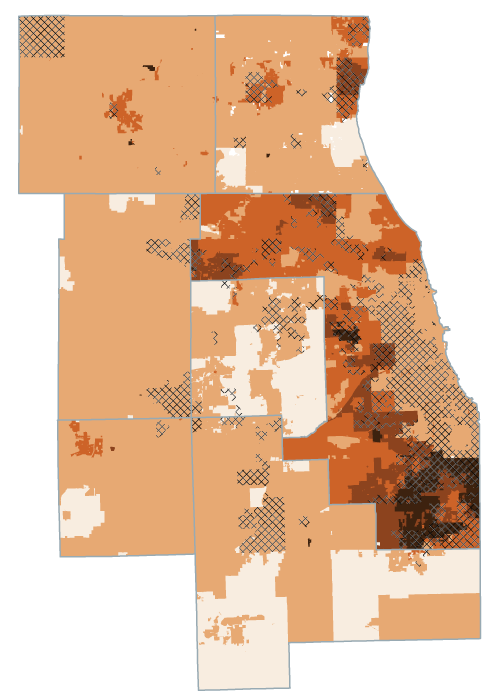 A map of effective composite property tax rates in the Chicago region.