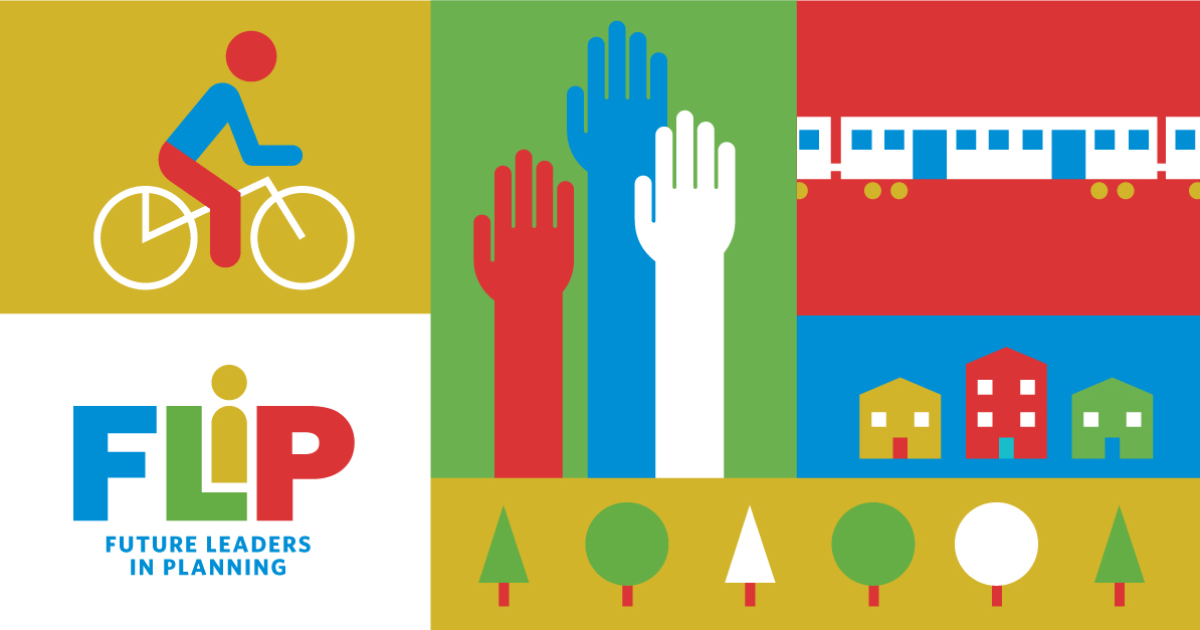 A collage of simple multi-colored graphics: a person riding a bike, raised hands, a train car, trees, and FLIP acronym